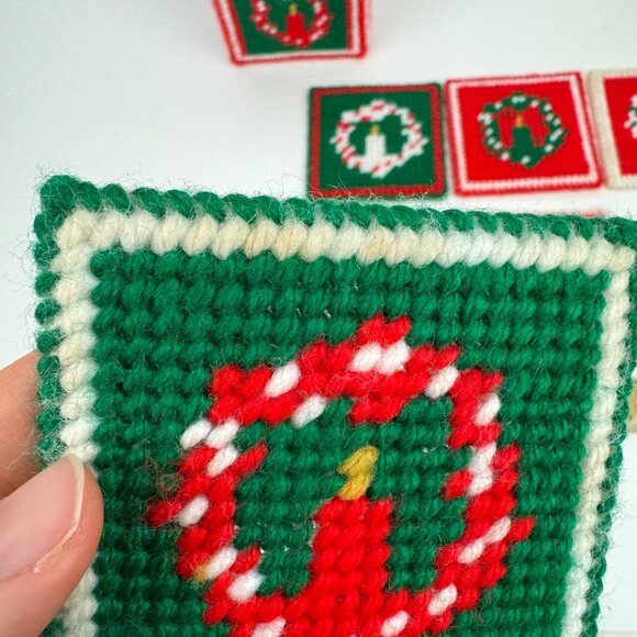 7 Vintage Christmas Holiday Plastic Canvas Coasters w Holder Yarn Candle Design - Picture 8 of 11